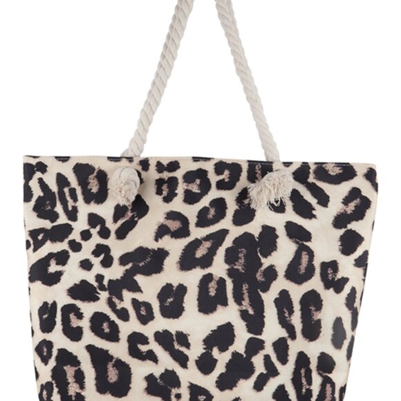 Leopard Print Canvas Tote Bag/ Double Rope Handles - Tan/Blk/Bwn - Style 1 -NWT - Picture 9 of 9
